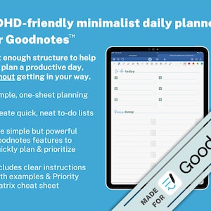 Puede incluir: Un planificador diario minimalista para Goodnotes, apto para TDAH. La imagen muestra una tableta con un diseño de lista de tareas con casillas de verificación. El texto en la pantalla incluye "To-do today" y "brain dump".