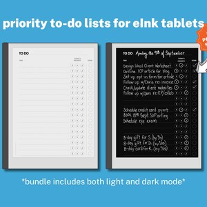 May include: Two digital tablets displaying to-do lists, one in light mode and the other in dark mode. The text "priority to-do lists for eInk tablets" is at the top. The image includes the text "Easy Priority System" and "*bundle includes both light and dark mode*."