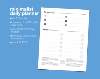 Minimalist / ADHD Planner – A Simple Daily Productivity Planner on One Page – Letter Sized Printable PDF Version