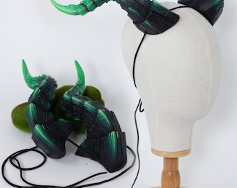 Huge Demon Horns in black/green - Handmade