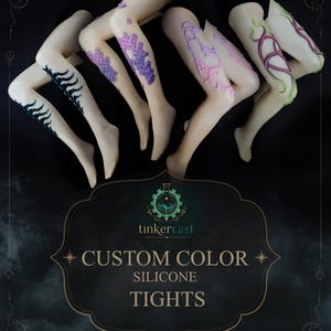 May include: Four pairs of nude-coloured silicone tights featuring raised, textured designs including dark green skeletal patterns, purple scales, pink filigree, and pink and green tentacles. The text reads: tinkercast CUSTOM COLOR SILICONE TIGHTS.