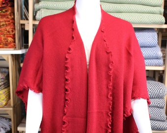 Clearance Peru Alpaca Classic Sleeveless Cape Shawl  Knit Ruana One Size 50" X 42" Strawberry Jam Red