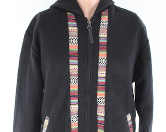 Handcrafted Black Wool Hoodie - Nepal Ethnic Jacket Multi Color Medium