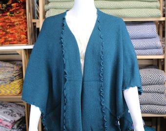 Clearance Peru Alpaca Classic Sleeveless Cape Shawl  Knit Ruana One Size 50" X 42" Sea Green