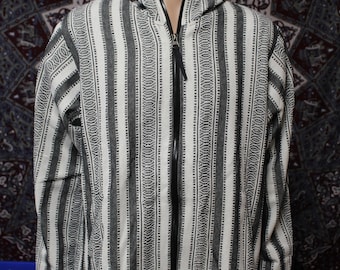 Hand Loomed Striped Cotton Hoodie - Nepal Ethnic Jacket White Gray