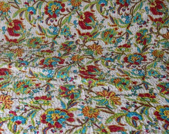 Queen Kantha Quilt: Floral Block Print Patchwork Blanket (90" x 106")