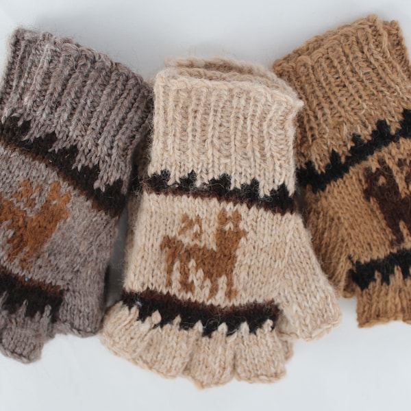 Peru Knitted Alpaca Wool Fingerless Gloves Small to Medium Women with Llama Design. Pick by Main Color Accent designs will Differ.