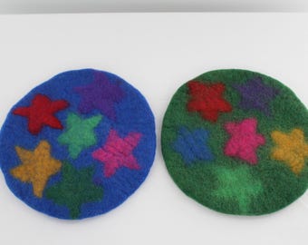 Felted Wool Star Power Trivets Set of 2 Blue Green 8" Diameter