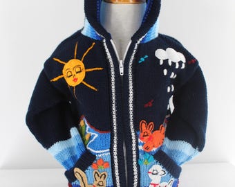 Peru Folk Art Toddler Sweater: Navy Arpillera, Size 2T