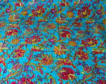 Handmade Kantha Quilt: Queen Size Floral Patchwork Blanket