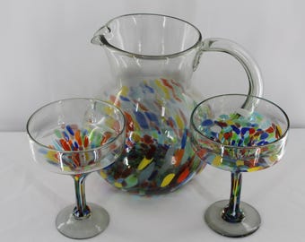 Last Set Mexican Hand Blow Glass Confetti Surprise XL Pitcher and Margarita Set