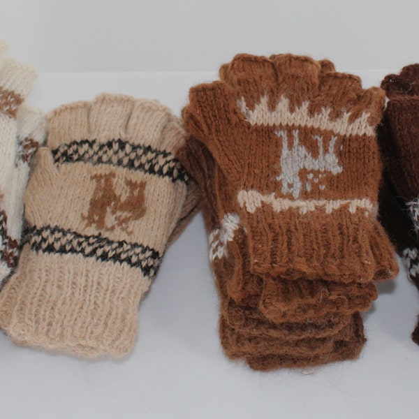 Peru Knitted Alpaca Wool Fingerless Gloves Large Size for Guys or XL Women with Llama Design. Pick by Main Color Accent designs will Differ.