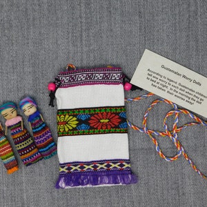 Guatemala Worry Doll Set of 3 Large Dolls with Woven Bag and Story on Parchment Paper Luxury Edition!