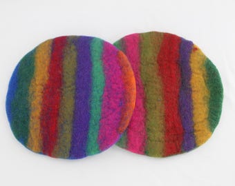 Felted Wool Mellow Rainbow Stripe Trivets Set of 2 Green and Blue Backs 8" Diameter Average