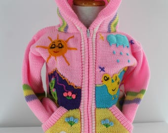 Peru Folk Art Toddler Sweater: Pink Arpillera, Size 2T