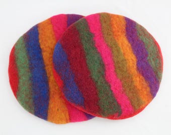 Felted Wool Happy Rainbow Stripe Trivets Set of 2 Red Backing 8" Diameter Average