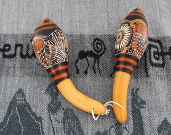 Peruvian Dried Gourd Maraca Set in Floral and Bird Designs Averages 6.5" in length