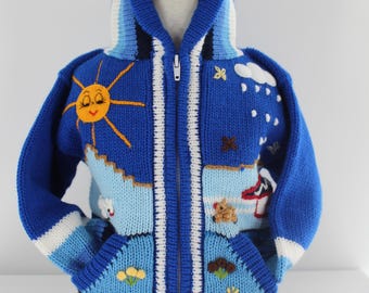 Peru Folk Art Toddler Sweater: Royal Blue Arpillera, Size 2T