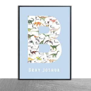 May include: A light blue poster featuring a large white letter B formed from dinosaur illustrations. Each dinosaur is labelled with a letter, spelling out the alphabet. The poster reads "BRAY JOSHUA" at the bottom.
