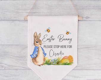 Easter Bunny Please stop here Banner - Personalsied high quality keepsake - Easter Gift Bunting