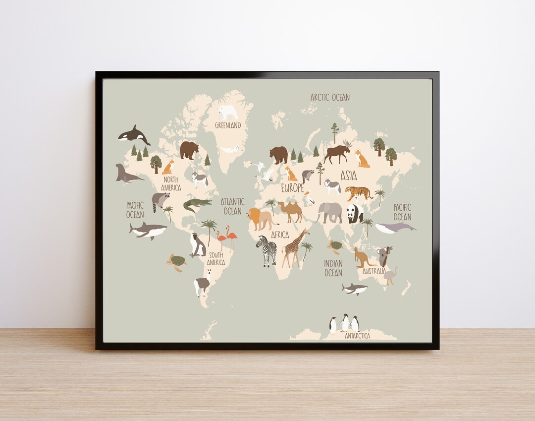 Animals of the World Map Print – Children's Educational Nursery Art ...
