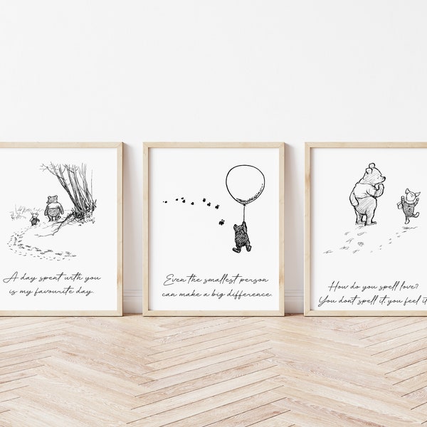 Juego de 3 láminas infantiles de Winnie con cita clásica - Juego de 3 - Láminas infantiles para guardería - Blanco y negro