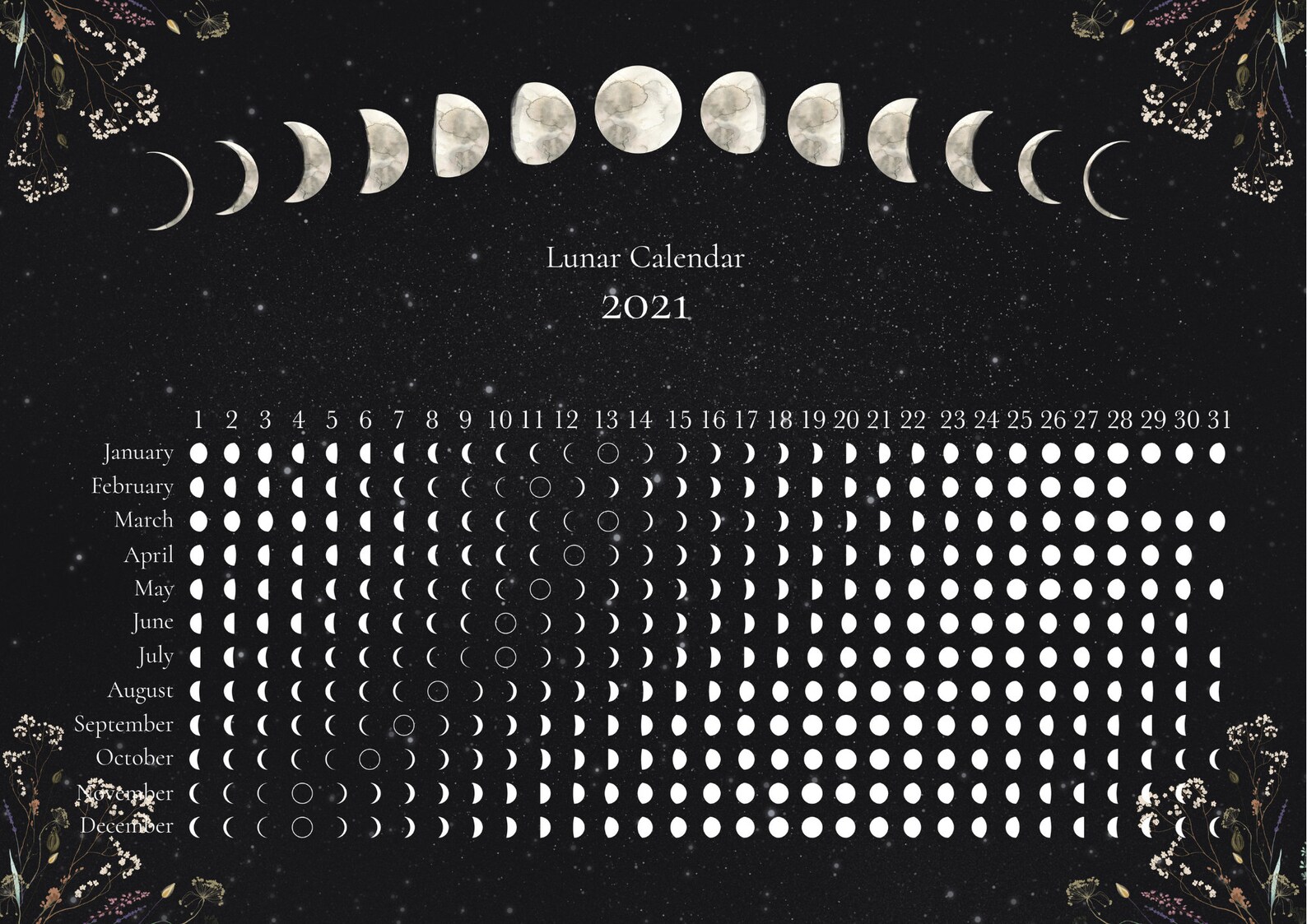 Lunar Calendar UK Northern Hemisphere Moon Calendar Moon Etsy