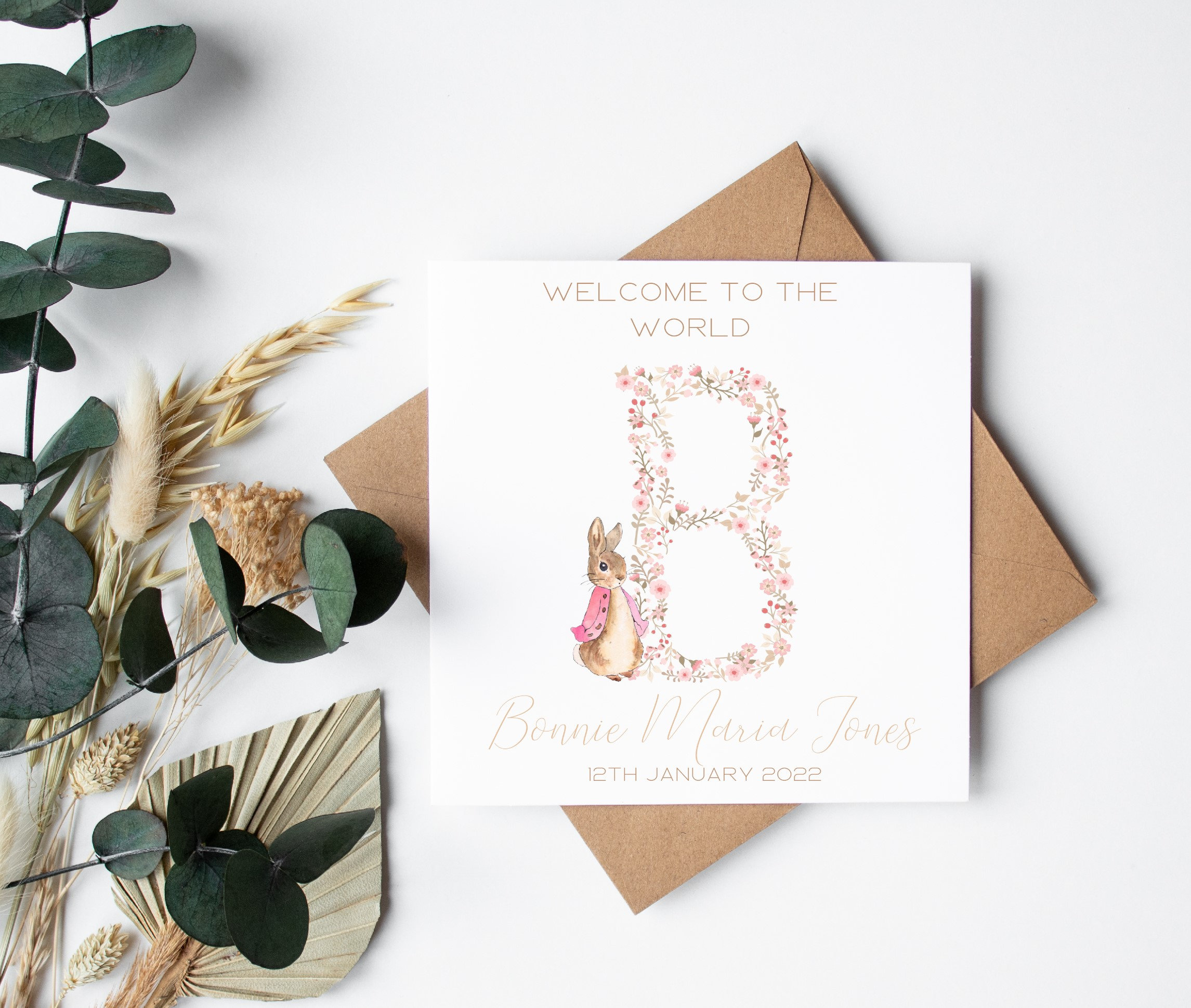 New Baby Card - Personalsied New baby Girl card - personalised initial birth details keepsake Welcome to the world - bunny
