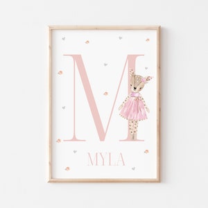 May include: Pink letter M with a cute deer wearing a pink dress and a flower crown. The name "MYLA" is written below the letter. The background is white with small pink flowers and grey hearts.