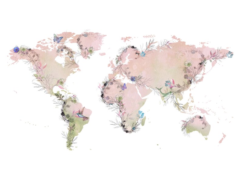 World Map Print - Floral Art - World Map Poster - Watercolour ...