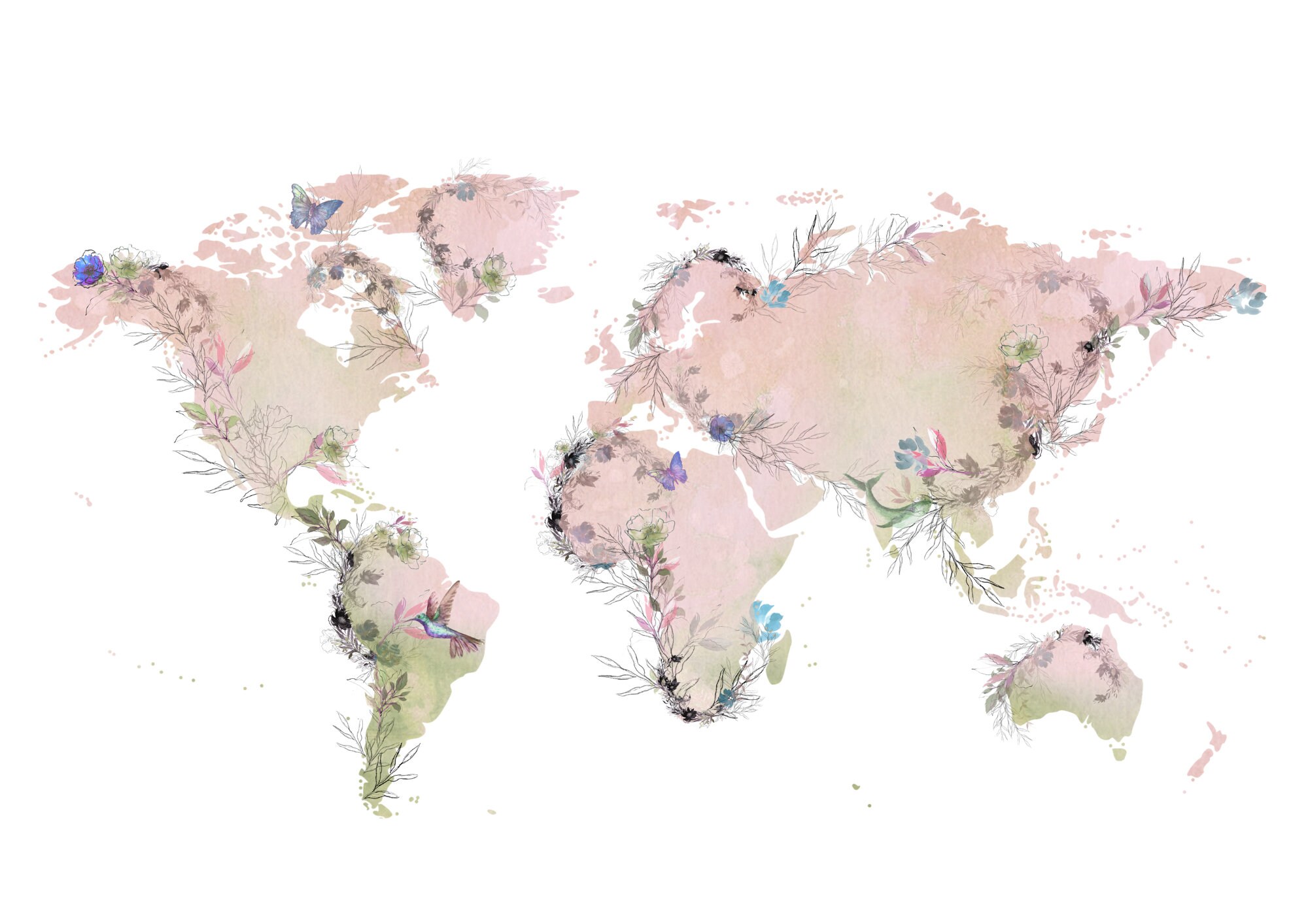 World Map Print - Floral Art - World Map Poster - Watercolour ...