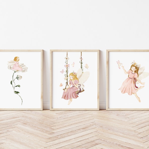 Set of 3 Fairy Nursery Prints- Fairies  -bedroom prints - fairyland - fairy wands - girls nursery décor - baby girl- pink