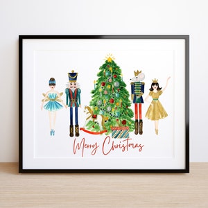 May include: A watercolour illustration of a Christmas scene featuring a Nutcracker, a ballerina, a mouse king, a Christmas tree, and a rocking horse. The text "Merry Christmas" is written in red at the bottom of the image.