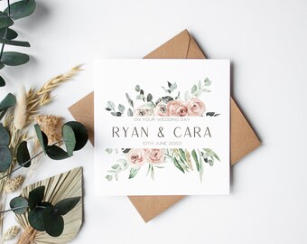 Personalised Wedding day day card - on your wedding day - Mr and Mrs - blush pink floral