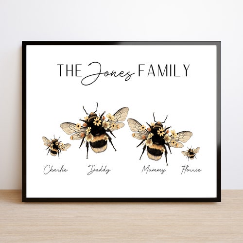 Personalised Bumblebee Print Family sign, gift, beehive home print - décor living room print - family gift