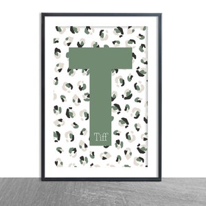 Initial print - Green Olive monochrome leopard print  - name gift - nursery bedroom playroom decor - personalised