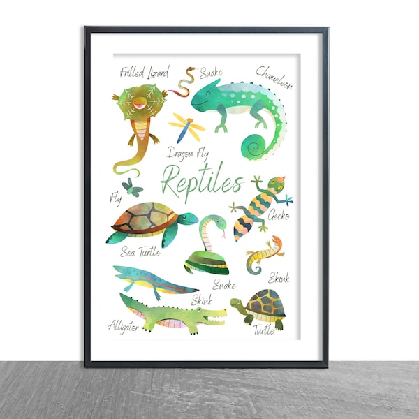 Reptile print - mixed reptiles labelled - gecko lizard snake - nursery bedroom playroom décor - children kids - gift art - watercolour