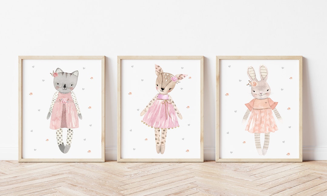Set of 3 Nursery Prints-pretty Doll Bunny Deer Rabbit Ragdoll - Girls ...