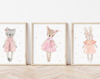 Set of 3 Nursery Prints-pretty doll bunny deer rabbit  ragdoll - girls nursery bedroom playroom art - teddy bears