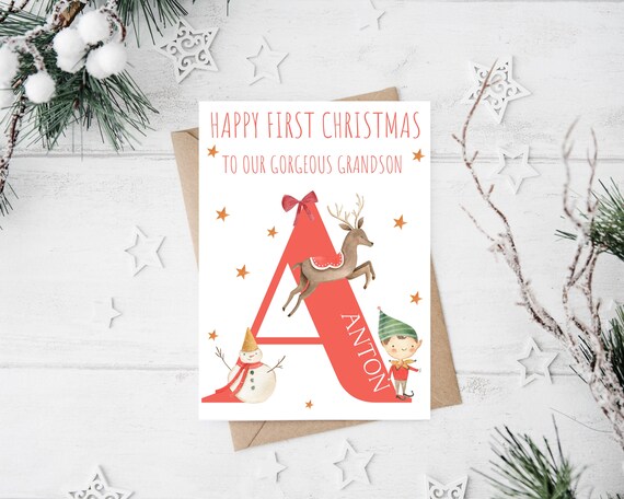 Personalised Snowman Baby 1st Christmas Card / For Children, Son - View #2