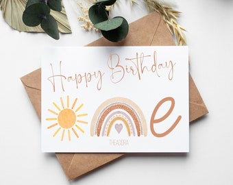 Happy 1st First Birthday card - number one boho card - keep sake personalised greeting card - boho card - rainbow personalised card