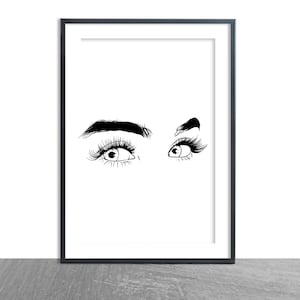 May include: Black and white line art print of a pair of eyes with long eyelashes. The eyes are looking up and to the right.