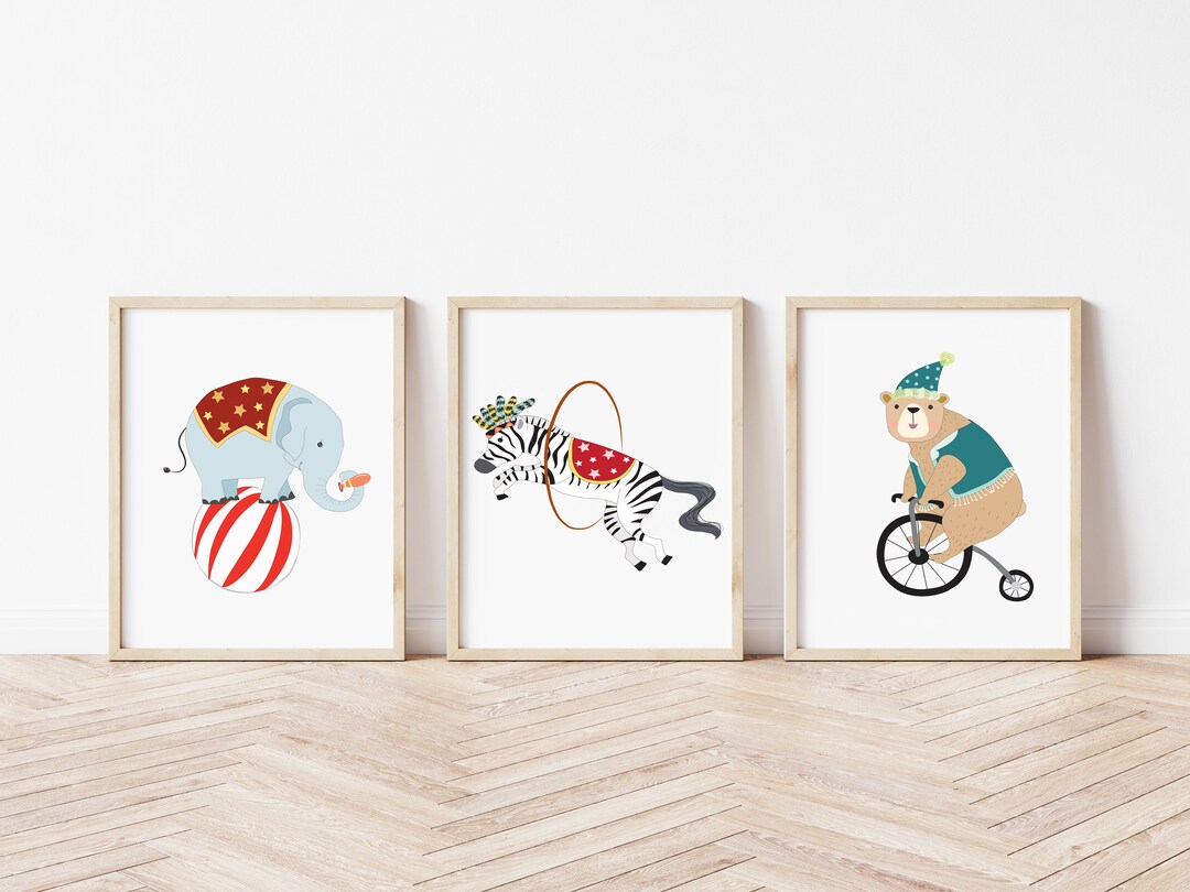 Set of 3 Circus Prints -nursery Bedroom Décor - Elephant Lion Zebra ...