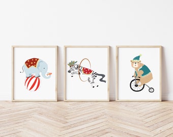 Set of 3 Circus prints -nursery bedroom décor - elephant lion zebra - children's bedroom art - circus animals