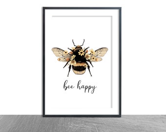 Bee Happy print- Be Kind-Bee-Be yourself-Bee gift print- bumble bee art- sunflowers - home décor-quote-inspiration quote - personalised