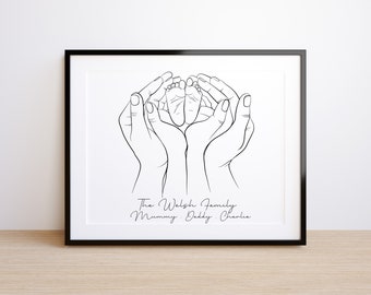 Personalised Family Print - new baby gift - new baby mother and father hands - family print - simple line art