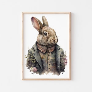 May include: A watercolour painting of a rabbit wearing a green jacket and a patterned shirt. The rabbit is surrounded by green leaves and pink flowers.