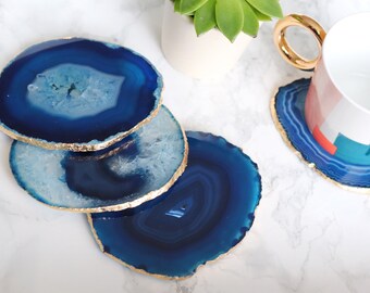 Blue agate coasters. Boho decor agate slice handmade with gold leaf edging. Bohemian home decoration. Agate slice blue