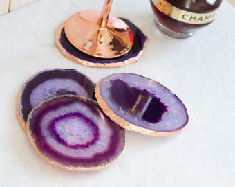 Purple agate coasters. Boho decor agate slice handmade with copper leaf edging. Bohemian home decoration. Rose gold home decor. Agate slice