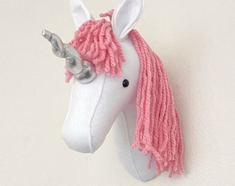 Unicorn /faux taxidermy/ wall mount/ Pink, purple or teal mane / Felt animal head / wall decor / baby room /  nursery decor
